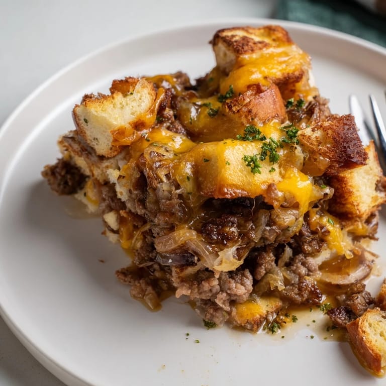 Délicieuse préparation de boeuf et cheddar à l'oignon français, parfaite pour un dîner réconfortant.
