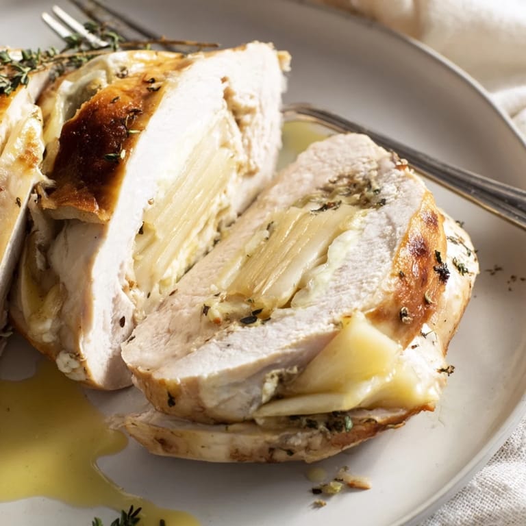 Savoureux poulet farci au Brie et aux tranches de pomme, idéal pour un dîner gourmet.