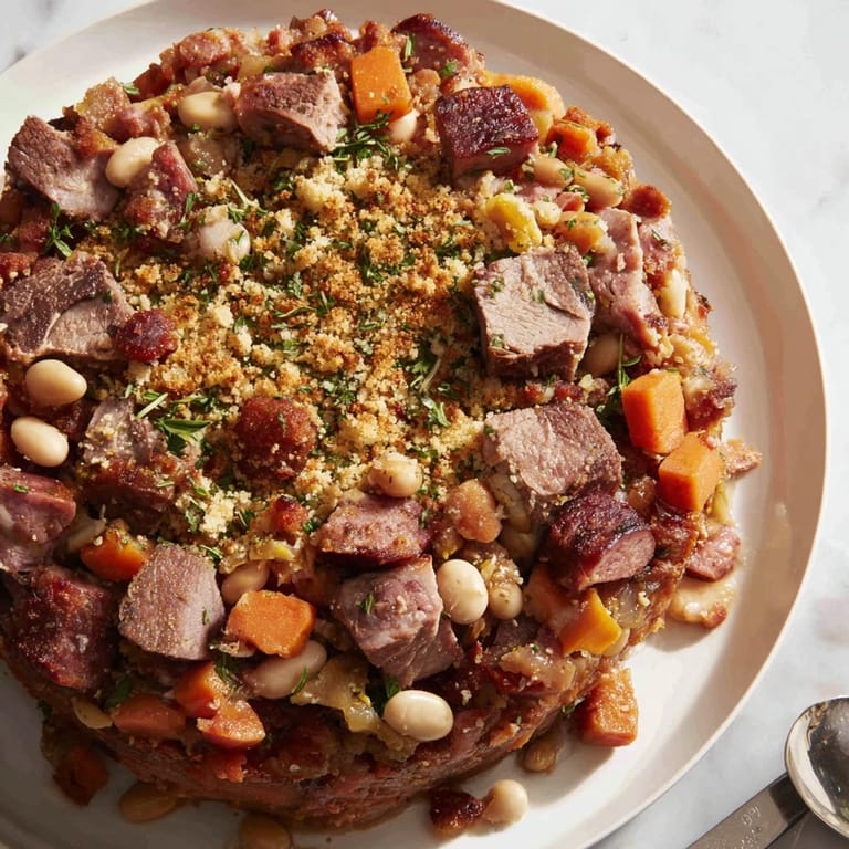 Soupe française de cassoulet, copieux et parfait pour un repas familial chaleureux.