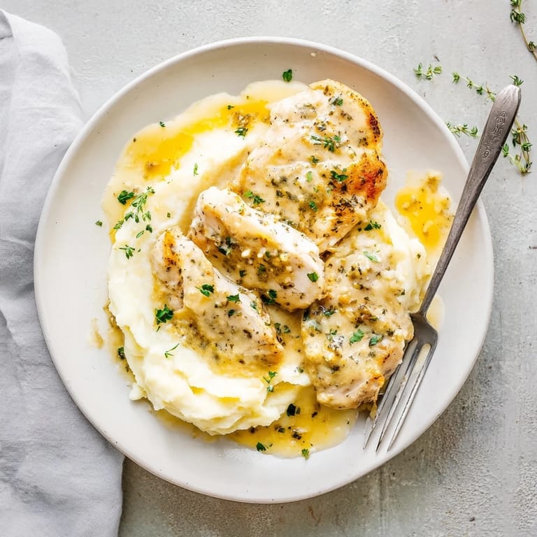Délicieux poulet à la moutarde de Dijon servi avec purée crémeuse à l'ail.  