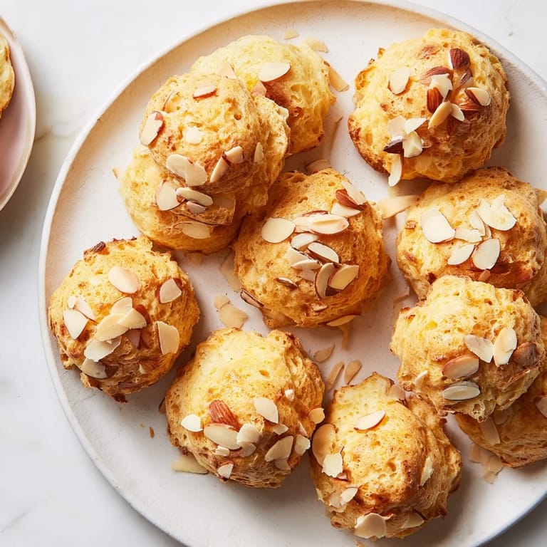 Bouchées de gougères au beurre et fromage, garnies d'amandes croquantes pour une texture irrésistible.  