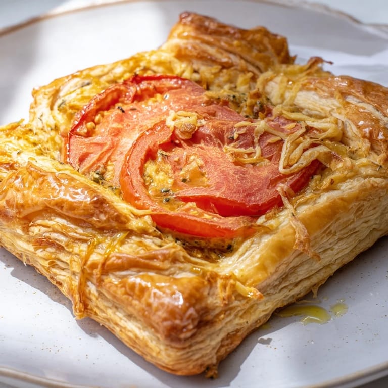 Petits paquets croustillants de galette aux tomates, fromage fondant et basilic frais.