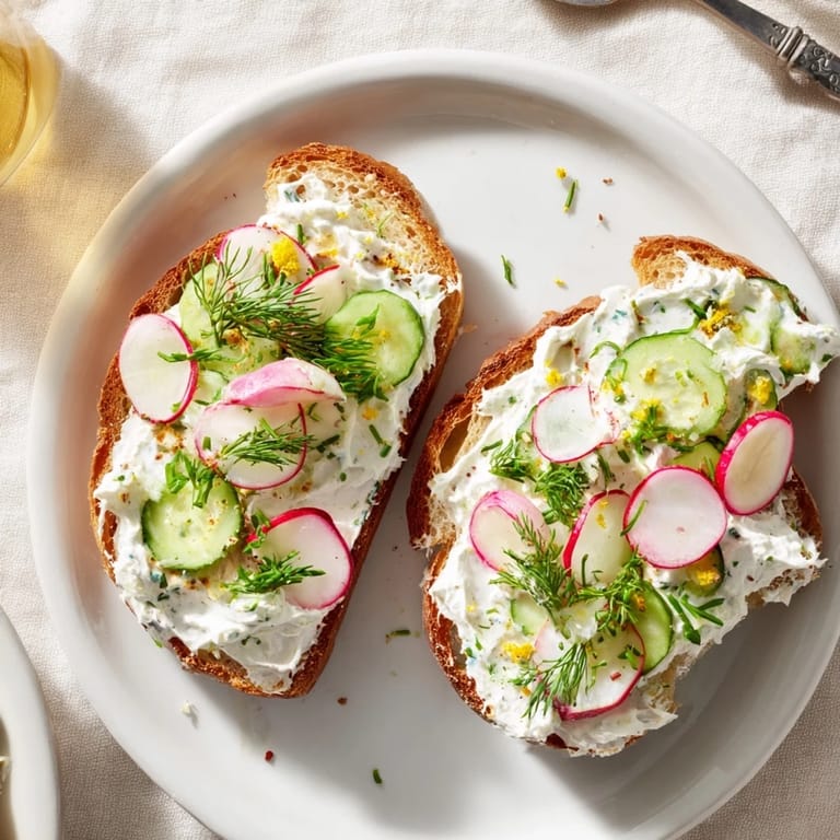 Tartines crémeuses d’herbes sur pain grillé, garni de radis et de concombre frais.