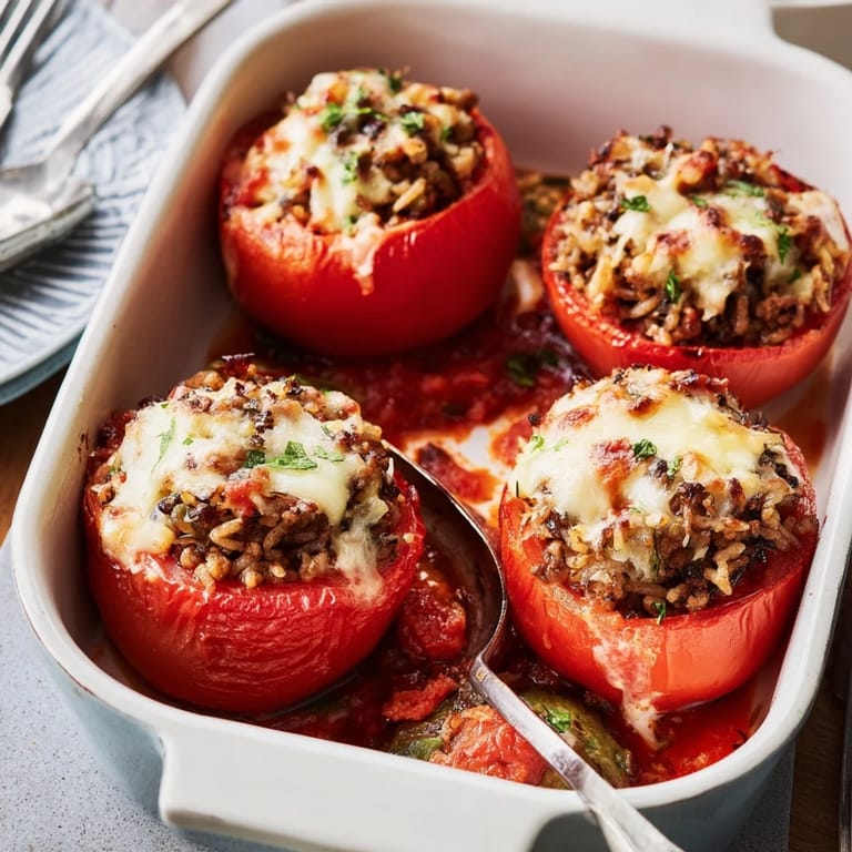 Casserole de tomates farcies avec mélange de viande et fromage fondu croustillant doré.  