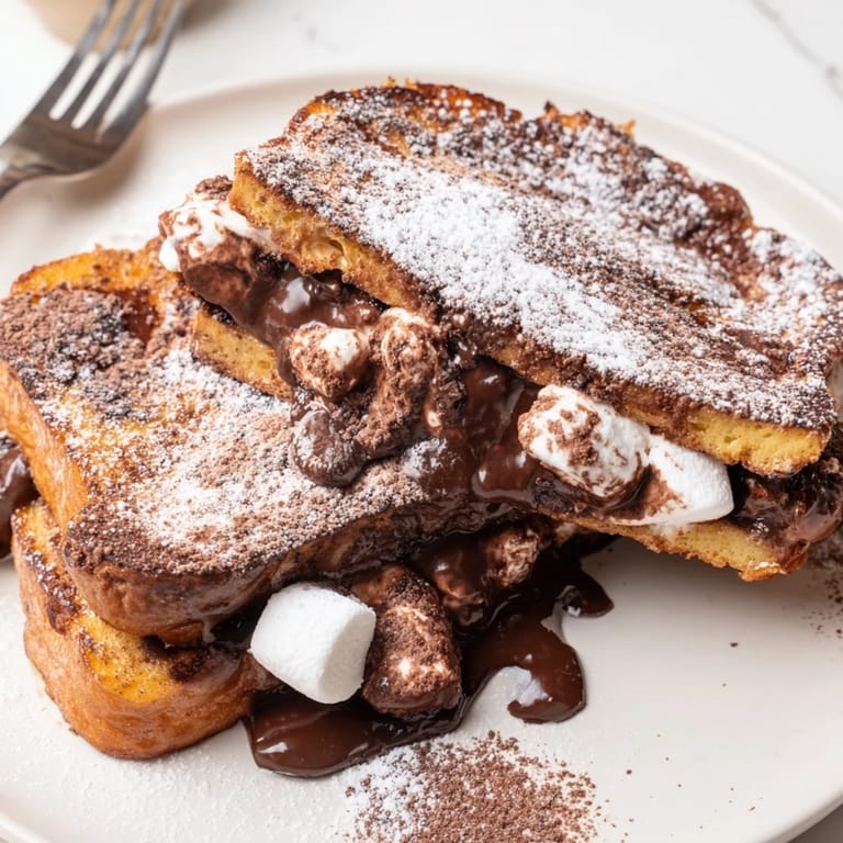 Petit-déjeuner indulgent avec pain doré, chocolat fondu et saupoudrage de cacao.