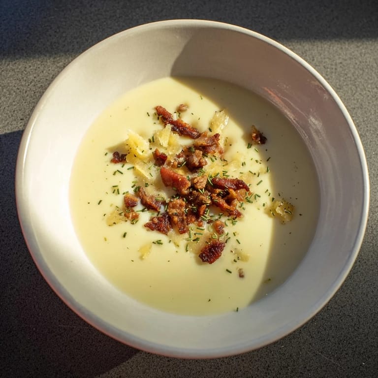 Soupe au parmesan riche et crémeuse, décorée de bacon doré et croustillant.