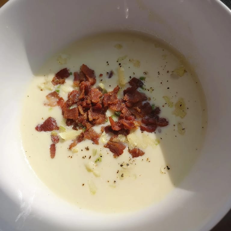 Délicieuse soupe au parmesan, garnie de bacon croustillant, pour un moment réconfortant.  