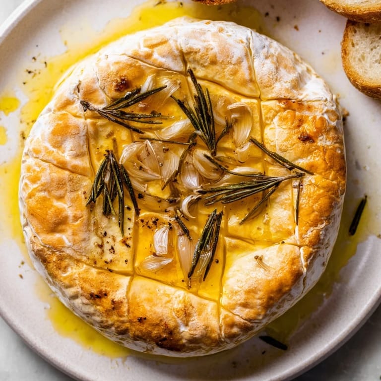 Creamy Baked Camembert with Garlic and Rosemary, ideal for dipping crusty bread.  