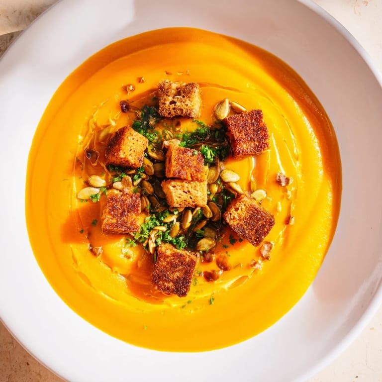 A close-up of a warm bowl of Pumpkin Coconut Soup, showcasing the golden color and textures.