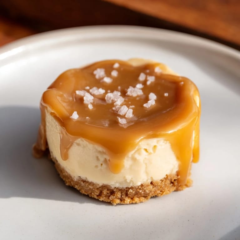 Delicious bite-sized mini salted caramel cheesecakes, showing a close-up of the caramel swirl.