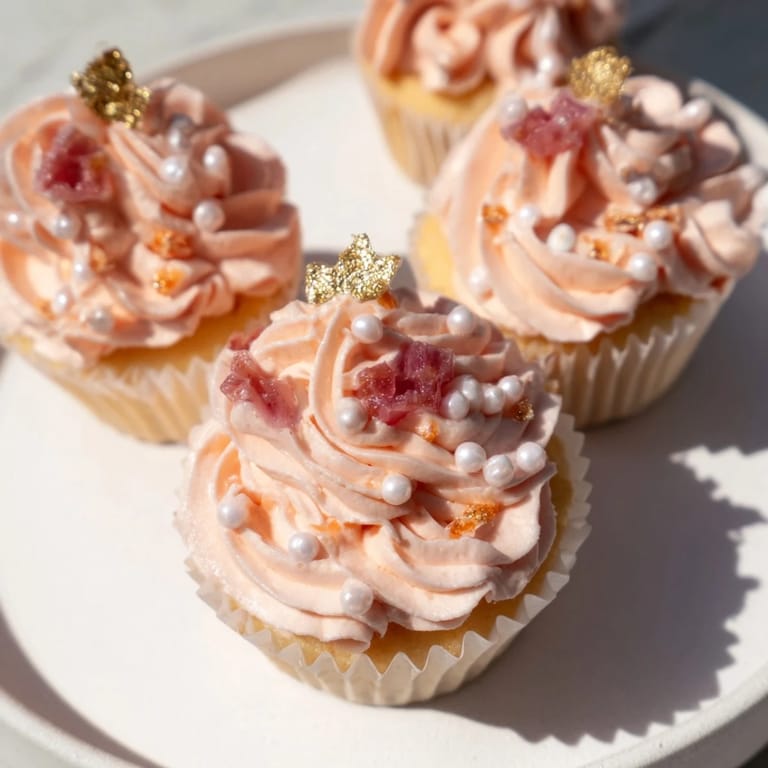 Elegant Mini Cherry-Vanilla Cupcakes with Rococo Frosting boast a beautifully piped, creamy buttercream topping and vibrant cherries.