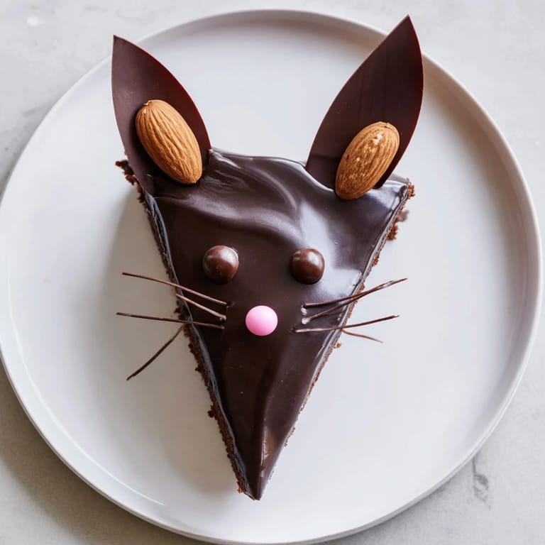 Decadent Gâteau Rat Rigolo au Chocolat Chaotique, a rich chocolate cake, ready with its fun rat design.