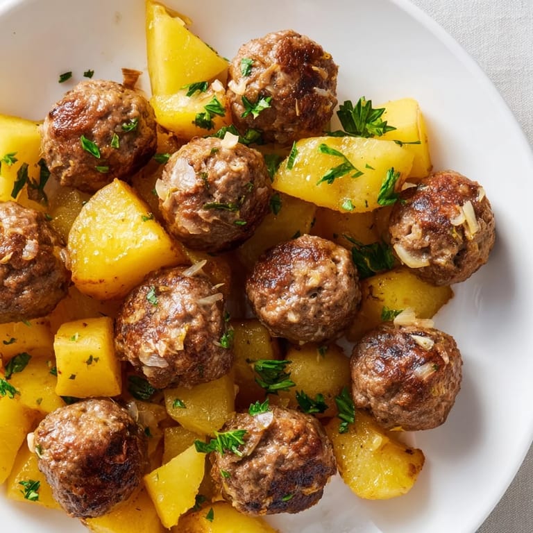 Golden, crispy thyme potatoes with perfectly cooked Budget Beef Meatballs, ready to serve with parsley.