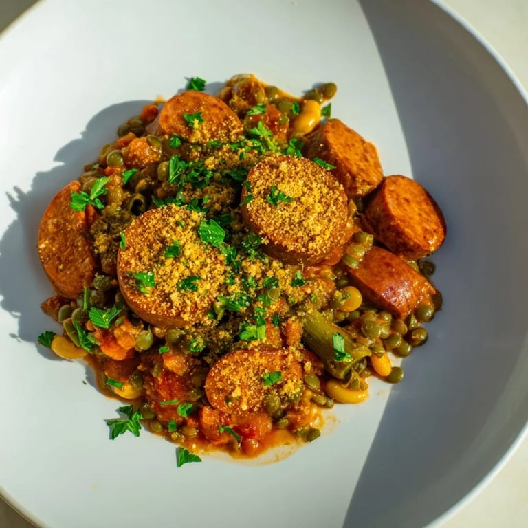 Hearty, rich Vegan Cassoulet with browned vegan sausage topping, offering a taste of French comfort food.