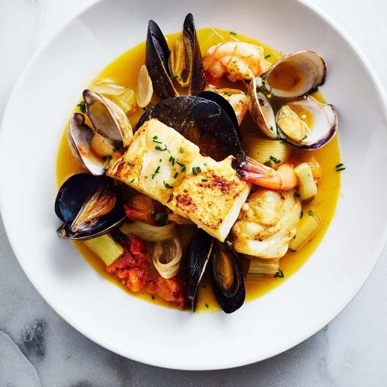 A close-up of a flavorful bouillabaisse, with visible shrimp, mussels, and a bright yuzu finish.