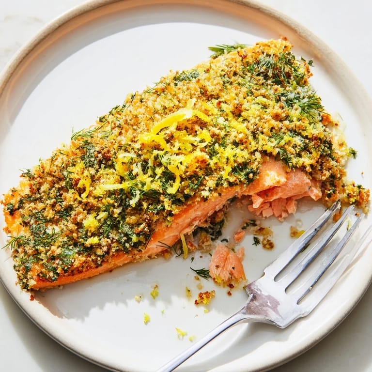 A close-up of flaky, baked Crusted Salmon à la Provençale with herb crust, ready to enjoy.