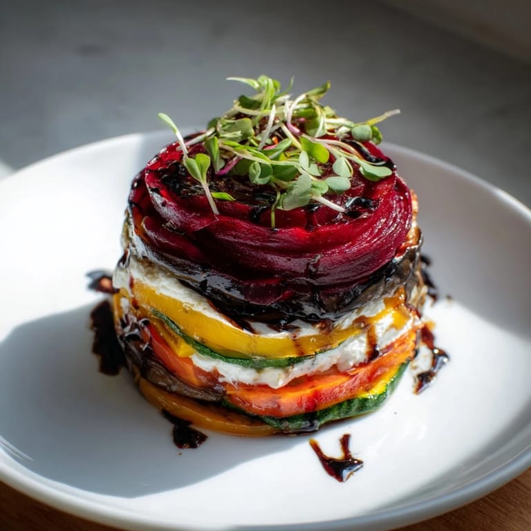 Beautiful Vegetable Mille-Feuille with Goat Cheese and Beetroot topped with balsamic glaze, a delicious French meal.