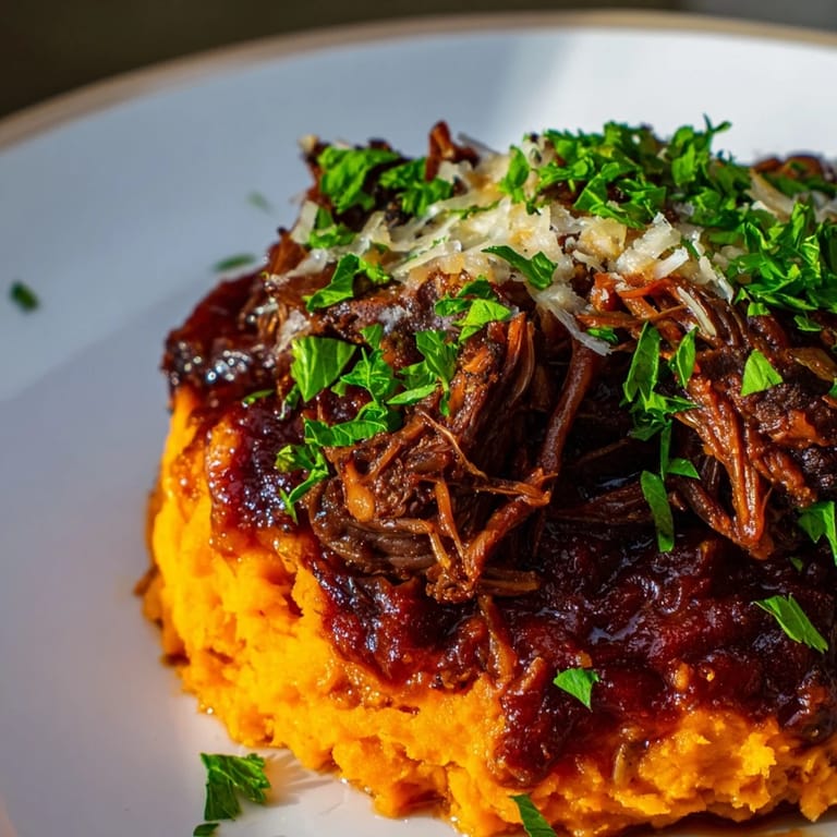 This Oxtail Parmentier shows tender braised oxtail under a creamy sweet potato topping.