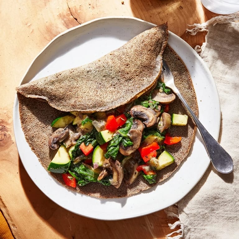 Golden-brown Simple Buckwheat Galette, brimming with tender vegetables, ready for a delicious bite.