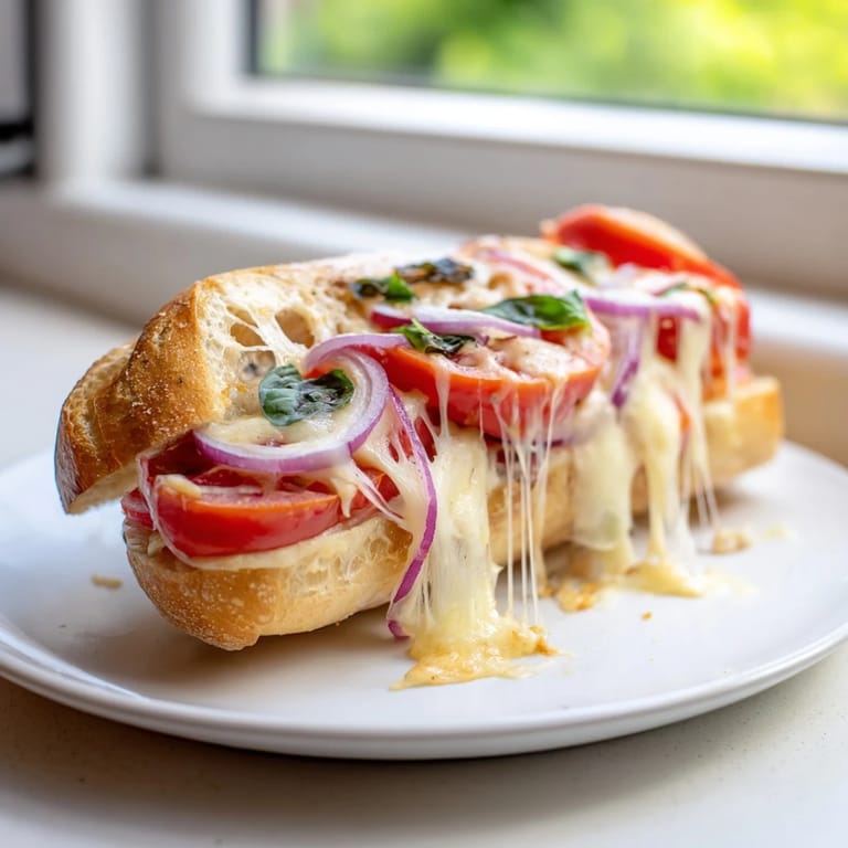 Melted Gruyère and mozzarella oozing from a delicious Hot Cheese & Tomato Baguette, ready to eat.