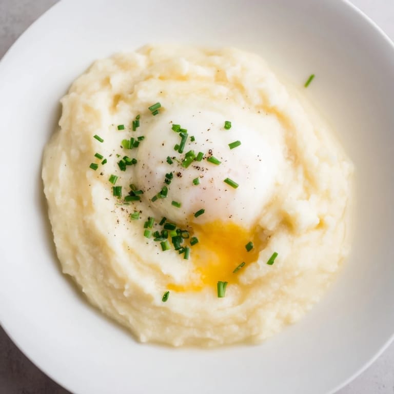 A close-up of Root Vegetable Purée and poached egg, garnished with fresh chives, a flavorful bite.