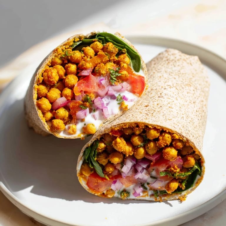Tempting view of a Spiced Chickpea Sandwich Wrap, perfect for lunch or dinner, with a whole wheat tortilla.