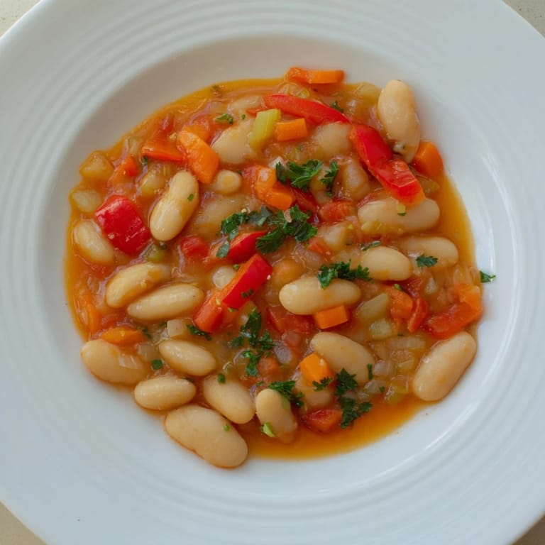 Close-up of a rustic White Bean & Tomato Stew, showcasing tender beans and vibrant tomatoes, ready to eat.