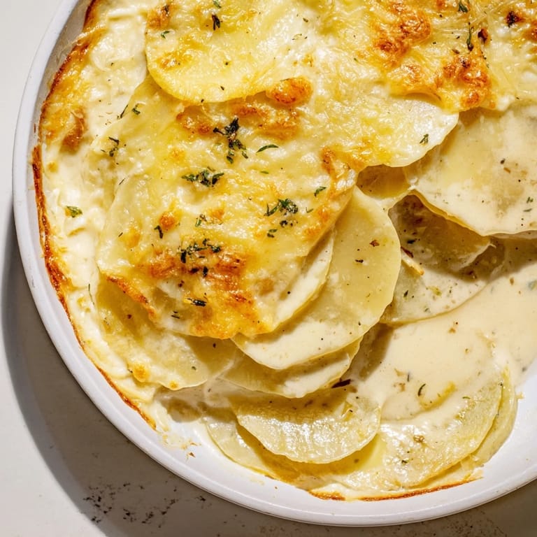 Close-up of a warm Creamy Potato Gratin, ideal for a cozy holiday dinner.