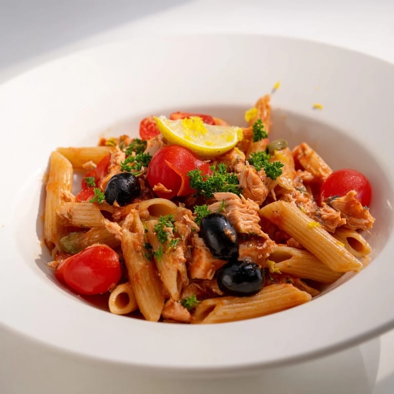 Freshly made Tuna, Olive, and Tomato Pasta, with bright red tomatoes and flaky tuna, ready to eat.