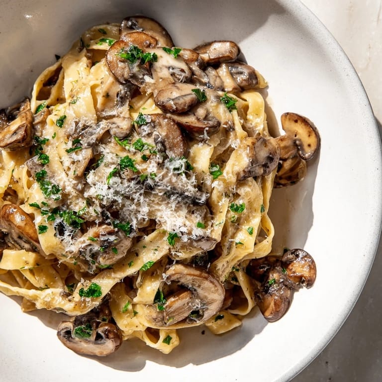 A close-up of mushroom pasta with light cream, garnished with fresh parsley and Parmesan cheese.