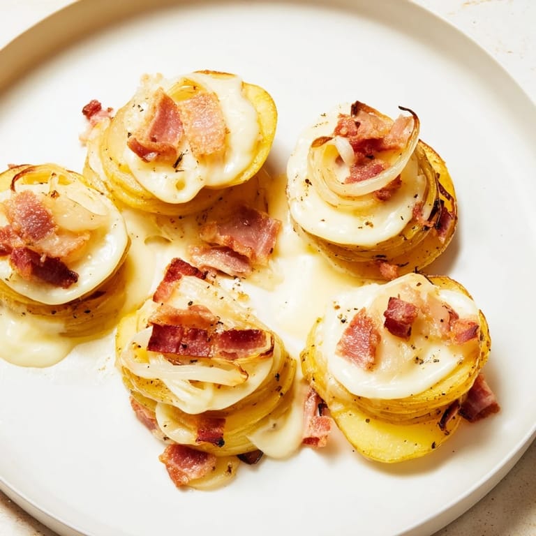 Golden-brown Simplified Tartiflette: a close-up of potatoes, lardons, and cheese, ready to serve.
