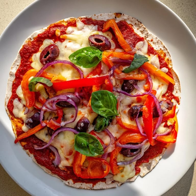 Crispy Homemade Tortilla Pizza with bubbling cheese, savory sauce, and vibrant vegetable toppings.