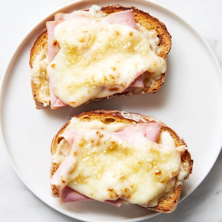 A close-up of a delicious oven-baked Croque Monsieur, showcasing the melted cheese and ham filling.