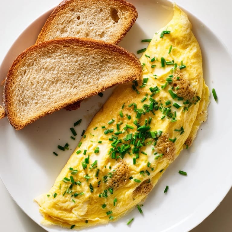Enjoy a savory breakfast: Warm mustard omelette with fresh herbs alongside crispy, toasted bread.