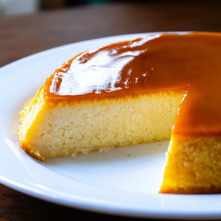 Homemade semolina cake with a glossy caramel topping, offering a sweet, rich, comforting flavor.