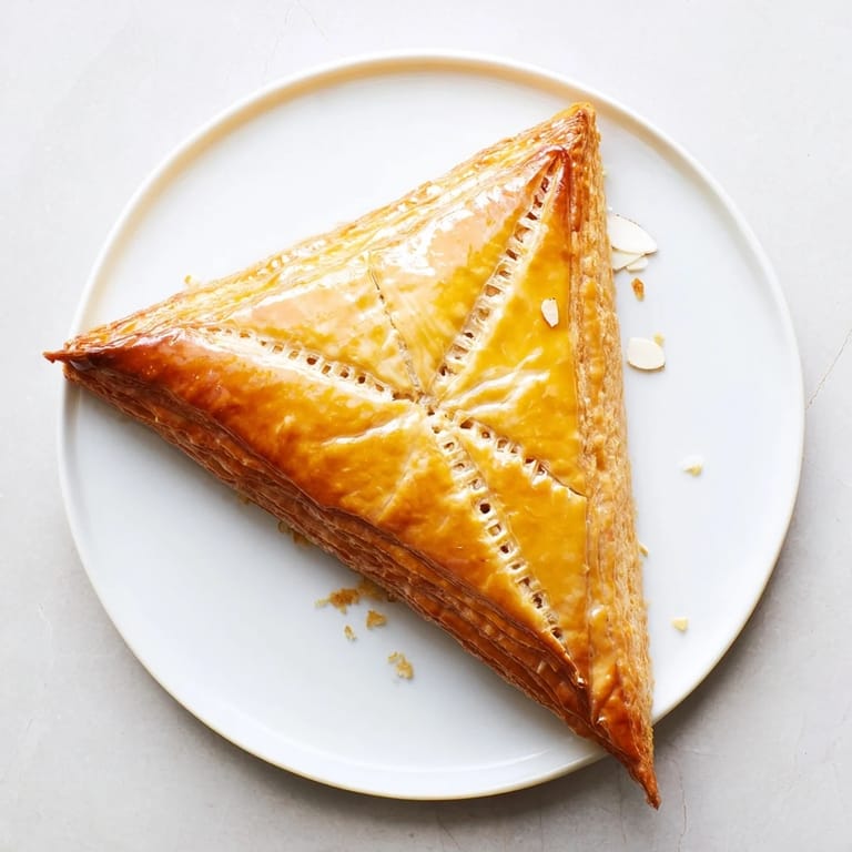 A freshly baked Galette des Rois, showcasing the beautiful golden crust and crimped edges.