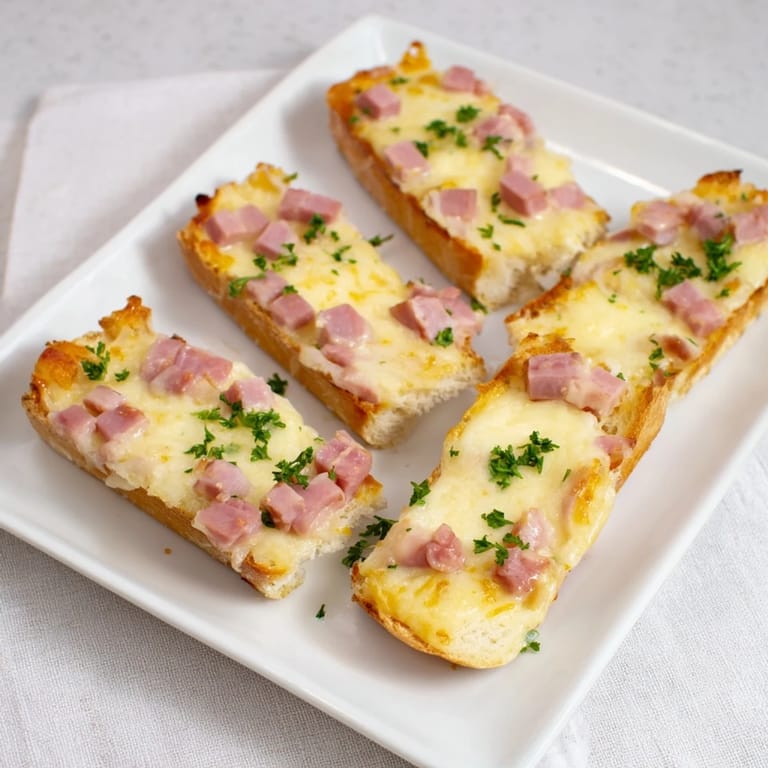 A bubbly Effortless Leftover Baguette Croque Monsieur Bake showcases golden-brown bread and cheesy, ham-filled goodness.