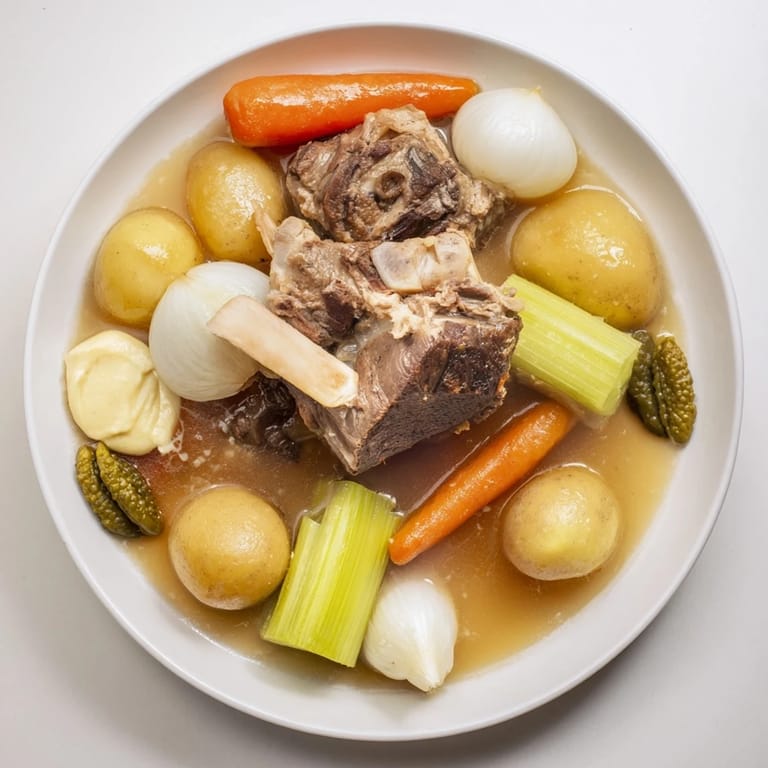 A steaming bowl of Authentic Pot-au-Feu showcasing savory broth, fall-apart beef, and root veggies, ready to enjoy.