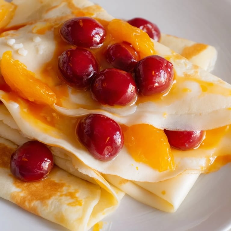 Delicate crêpes with vibrant cherry sauce: a decadent serving of Elegant Cherry-Coded Crêpe Suzette.