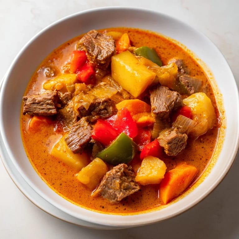 Close-up of a bubbling pot of homemade beef goulash, perfect with crusty bread for dipping.