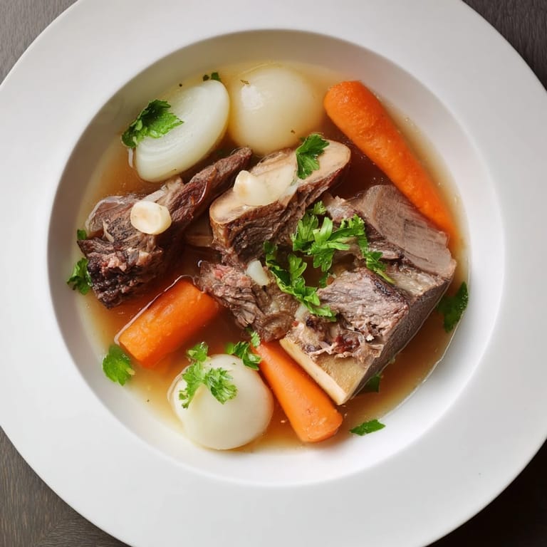 A steaming bowl of Authentic Pot-au-Feu, a comforting French beef stew, ideal for a cold day.
