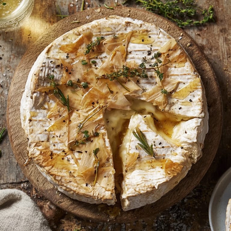 Close-up of bubbling The Ultimate Baked Camembert, rich and creamy, with herbs and garlic visible.