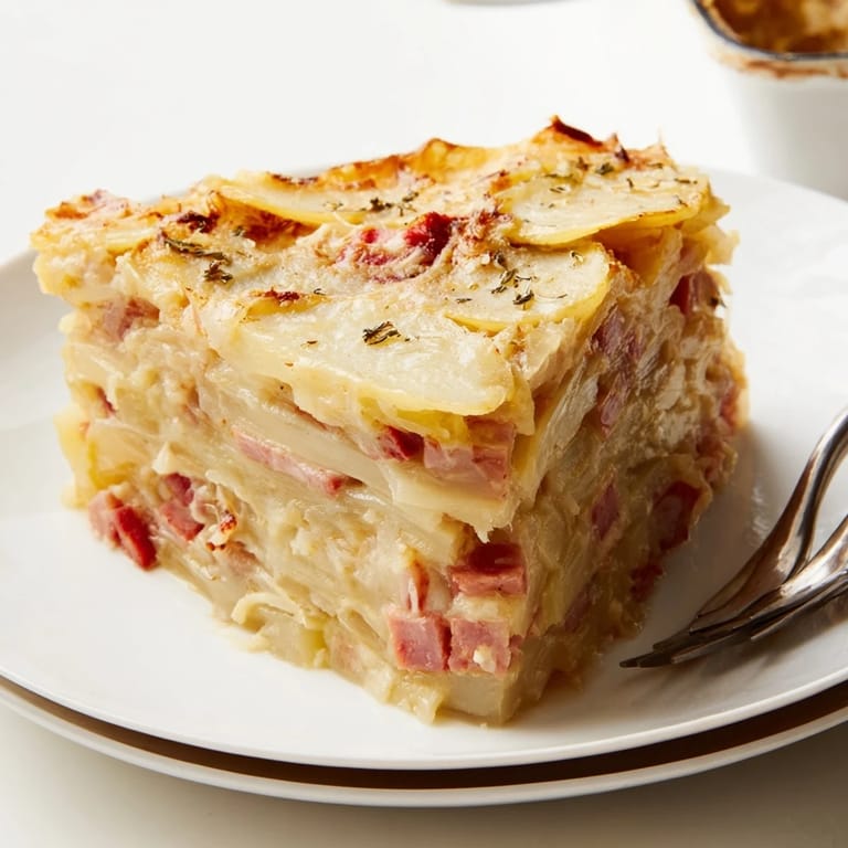Layered Creamy Potato and Smoked Ham Gratin showcasing tender potatoes, ham, and melted cheese in a baking dish.