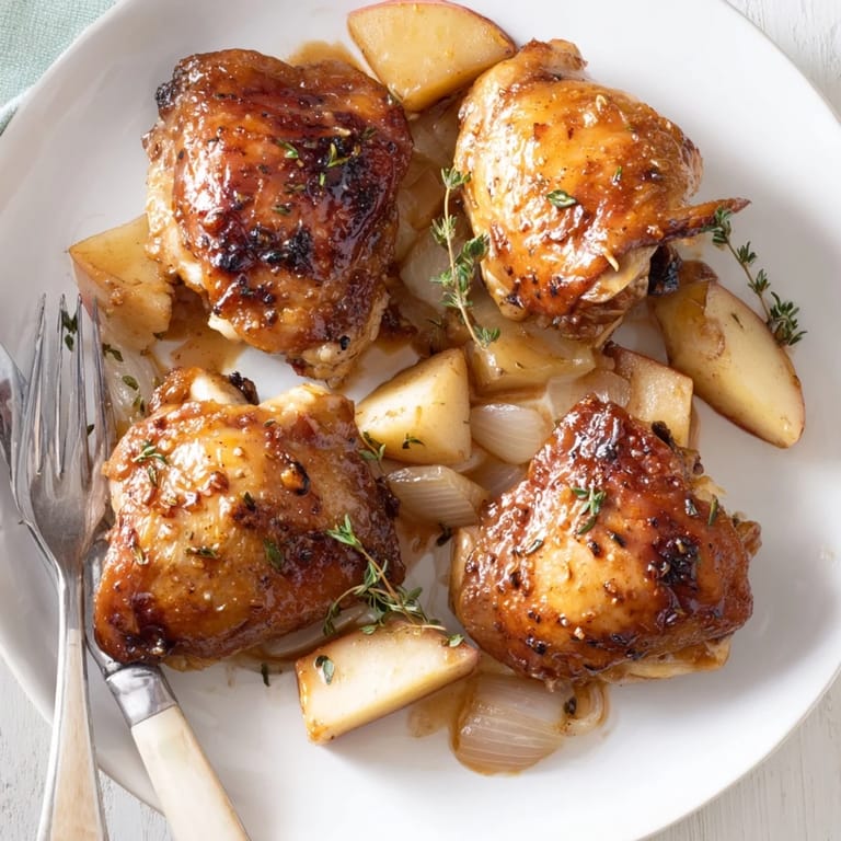 Crispy-skinned Easy Cider-Glazed Chicken Thighs nestled with tender apples and onions, perfect for a fall dinner.