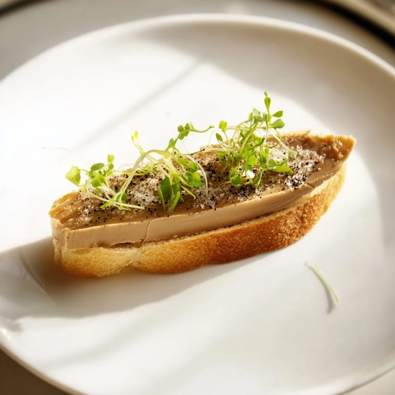 Delectable Express Foie Gras Crostini appetizer, featuring a chilled slice of foie gras on a crispy baguette.