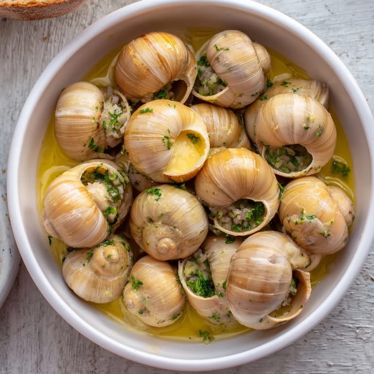 Close-up of Lightened Escargots, showing snails nestled in rich, herb-infused butter, ready for dipping.