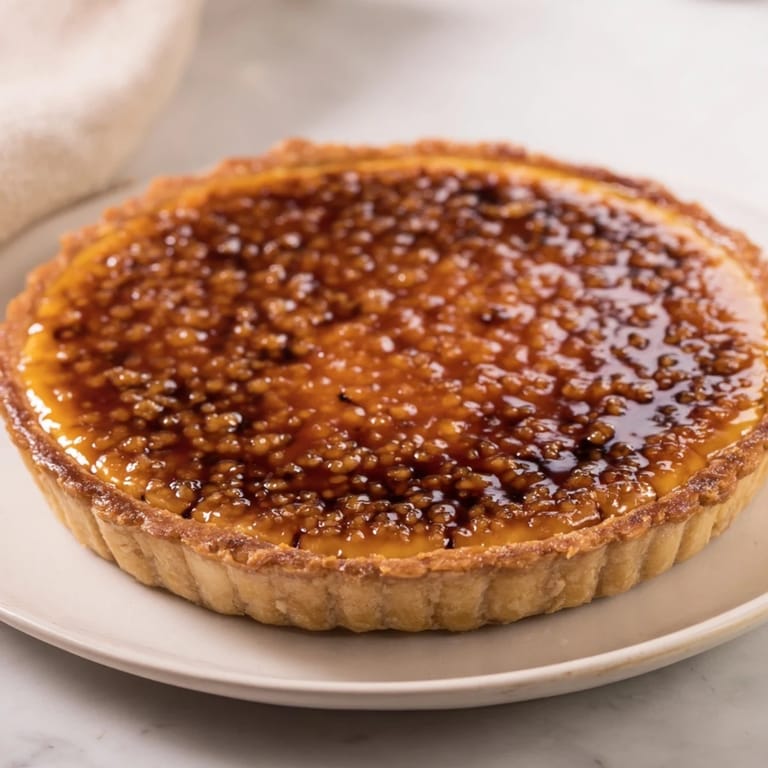 Close up shows the caramelized sugar topping atop each indulgent Express Crème Brûlée frosting tartlet.