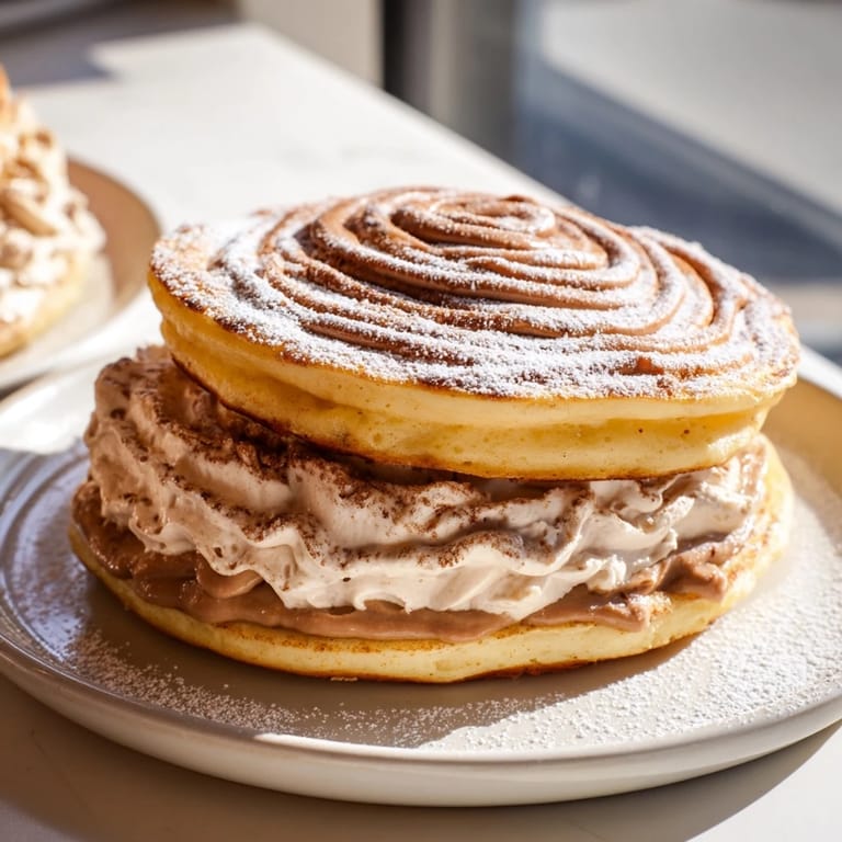 Close-up of golden-brown Quick Crème de Marron Pancakes, garnished with whipped cream, ready to eat.