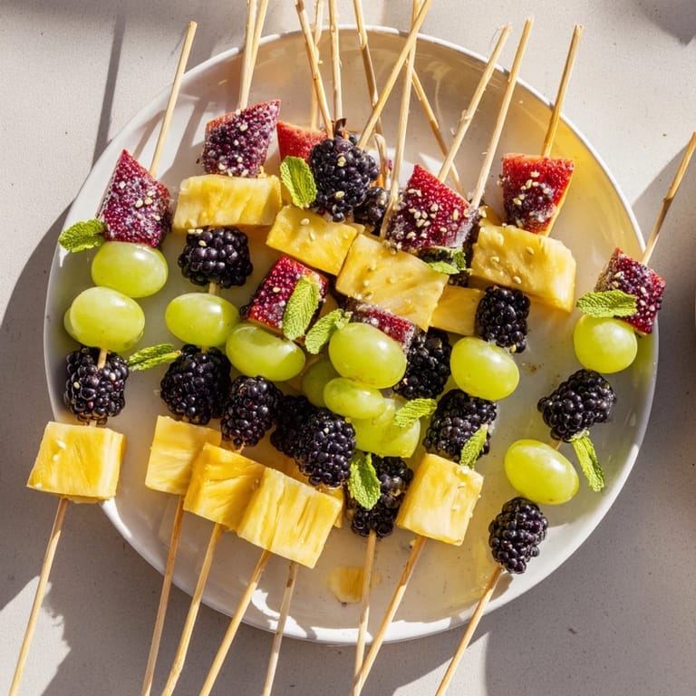 Vibrant Express Champagne Fruit Skewers, beautifully arranged, offering a refreshing and elegant treat to enjoy.