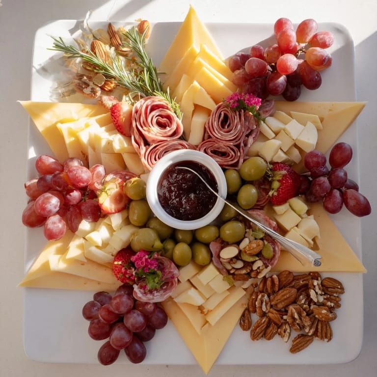 Festive star-shaped appetizer board featuring a delightful array of cheeses, fruits, and nuts.